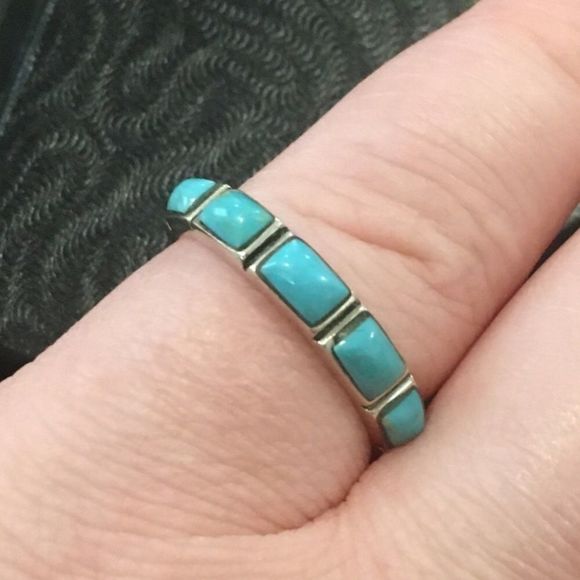 Sterling Silver Turquoise Cabochon Inlay Band Ring Sz 8 - Picture 3 of 7